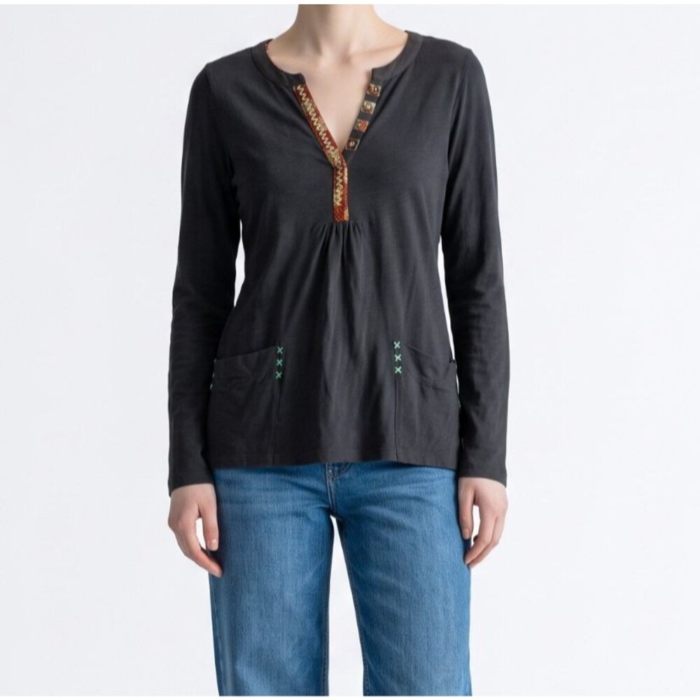 Anthropologie Little Yellow Button Henley Tunic Top Women Large Blue Embroidered